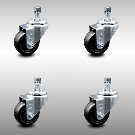 Service Caster 3 Inch SS Hard Rubber Wheel Swivel 3/8 Inch Threaded Stem Caster Set SCC SCC-SSTS20S314-HRS-381615-4